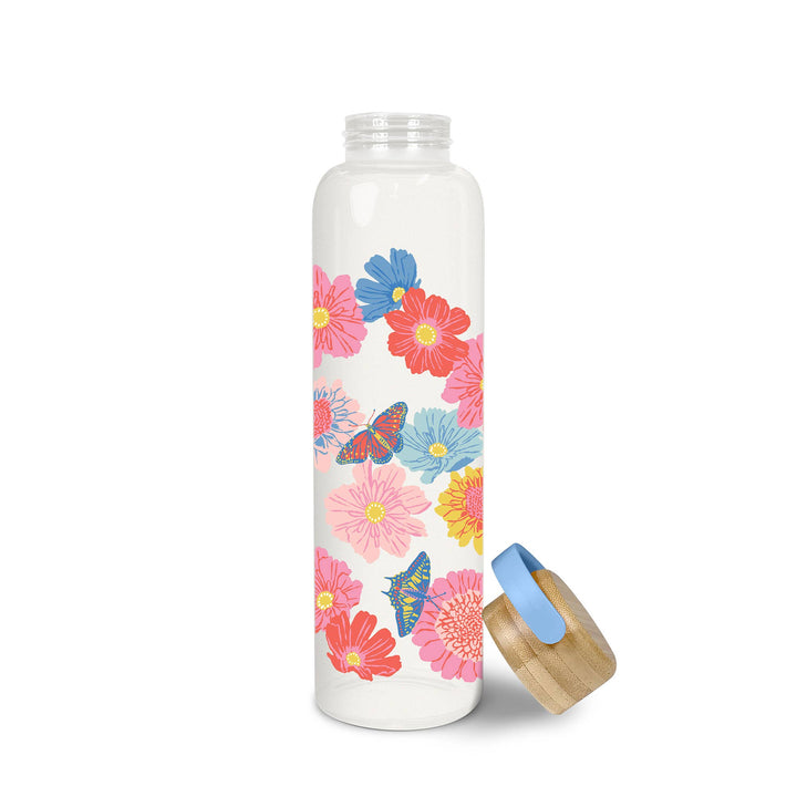 Butterfly Blossoms Glass Water Bottle with Bamboo Lid