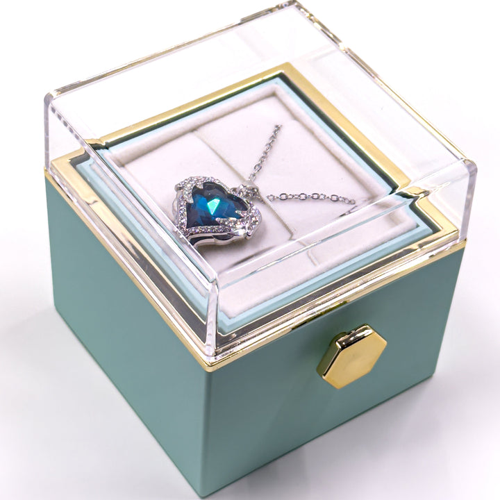 Rotating Jewelry Box with Heart Necklace and Preserved Rose